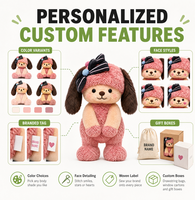 Peluche personnalisée chiot avec nœud rose, en coton PP et polyester, tissu super doux brodé, anti-stress, vente directe usine, OEM ODM