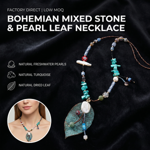Collier Statement Bohème Vintage <span class=keywords><strong>en</strong></span> Perles d'Eau Douce et Turquoise Naturelle avec Pendentif Feuille d'Arbre pour Femme - Product Image 1