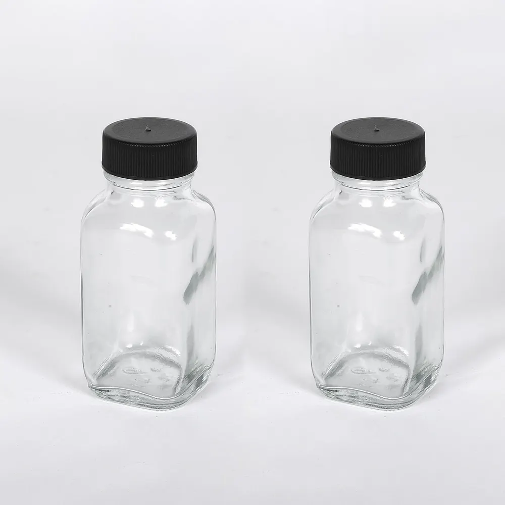 フレンチスクエアガラスボトルスモールショットグラス2オンス60mlジューサーボトルミルクジューススキンケア用プラスチックキャップ付き