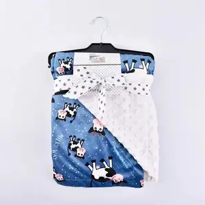 Cute blue cow printing thick fluffy double sided minky dot blanket baby swaddle blankets