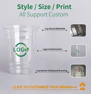 Custom Printed Clear 12 16 20 24 Oz PP PET Transparent Disposable Plastic Cup With Lid