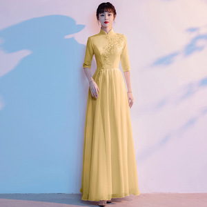 Women's Long Chinese Style Dress For Performance Banquet Evening Gown With 3D Decoration Polyester Fabric - Product Image 4