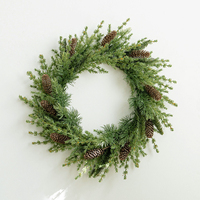 Karangan Bunga Natal Bulat Plastik dengan Hiasan Kerucut Pinus, Buah Berry Merah, dan Daun Hijau 60cm untuk Dekorasi Pintu, Rumah, Hotel, Toko, dan Jendela