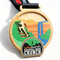 Médaille de sport multicouche en bois de bambou, impression UV personnalisée, logo gravé au laser, récompense de finisseur de course en montagne écologique avec ruban