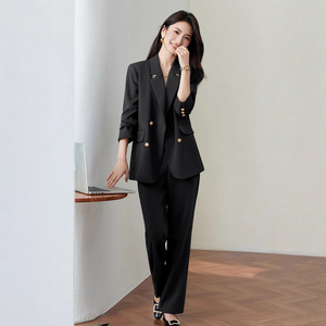 Women's Cream Suit Set Solid Color Polyester Double Breasted Casual Office Wear - Product Image 2