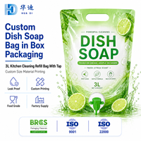 Sac de savon vaisselle personnalisé en gros en boîte de 3L avec valve de distribution, emballage de recharge anti-fuite pour la marque de nettoyage de cuisine