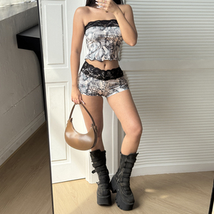 Women's Vintage Gothic 2-Piece <b>Set</b> Animal Print Lace Trim Stretchy <b>Knit</b> Sleeveless Bustier Knee Short Leggings Night Outfit - Product Image 4