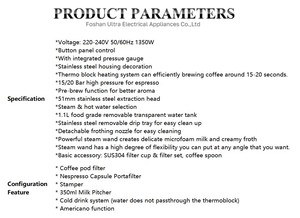 Cafetera Eléctrica Semiautomática de 220 V para Uso Doméstico y Hotelero, Función de Pre-infusión, Carcasa de Plástico, 20 Bares de Presión, <span class=keywords><strong>Espresso</strong></span> - Product Image 6
