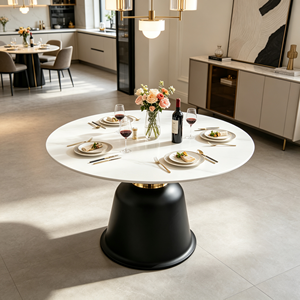 Table à manger ronde de luxe en pierre frittée, plateau blanc, base en forme de cloche noire avec bordure dorée, pour la maison, la salle à manger, l'hôtel, le restaurant - Product Image 4