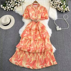 Nouvelle Robe Imprimée Tie-Dye pour Femme, Style Rétro, Multi-Frillages, Manches Bouffantes, Col Montant, Ceinture à la Taille, Vestidos - Product Image 4
