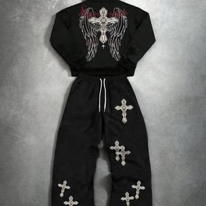 Conjunto Deportivo Casual Vintage de Otoño, Sudadera Holgada con Estampado Gráfico de Alas Cruzadas Personalizado, Pantalones Deportivos Anchos para Hombre, Talla Grande 2 - Product Image 2