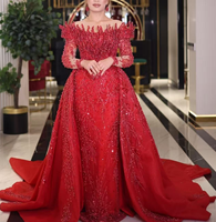 Robe de soirée rouge en deux pièces avec traîne amovible, épaules dénudées, cristaux, robes de bal de célébrités, robes de fête personnalisées