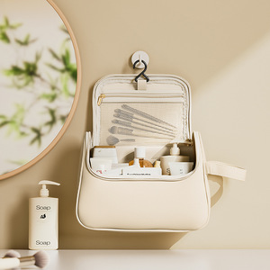 Multifunctional Waterproof <b>Makeup</b> Bag Beige Portable Cosmetic Storage <b>Case</b> For Travel Toiletries Organizing - Product Image 2