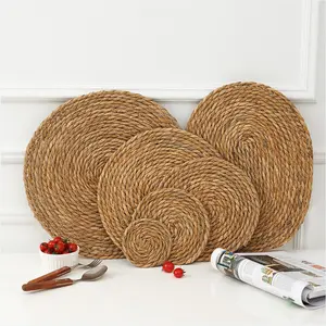 Table ronde en herbe tissée écologique faite à la main en jonc de mer naturel 35cm napperons tissés