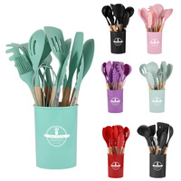 Ensemble d'ustensiles de cuisine en silicone antiadhésif 12 pièces avec logo personnalisé, spatules, cuillères de cuisson, boîte, manche en bois, matériau métallique