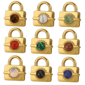 PVD Gold Stainless Steel <b>Padlock</b> Charm Pendant with Natural Stones for Necklace or Bracelet Lovers Couples Jewelry Set Making - Product Image 2