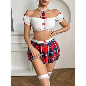Ensemble de lingerie sexy deux pièces, nuisette en tissu nylon Dobby, costumes de jeu de rôle écolière sensuels et séduisants avec nœud, taille XL, vente en gros - Product Image 1