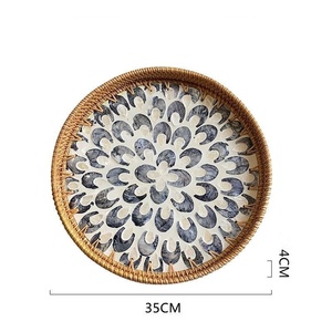 Premium Quality Round Rattan Lacquer Tray with Mother of Pearl Inlay Woven Tableware for Food and Living Room Use