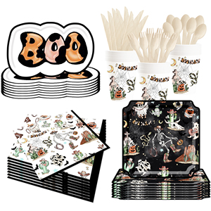 DAMAI New Style Denim-themed Skull Square Paper Plate and Cup Set for Halloween Party Supply - Product Image 3