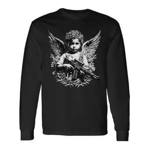 T-shirt a maniche lunghe Armed Guardian Angel con design grafico nero, abbigliamento unisex - Product Image 1