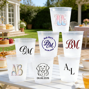 Noir 300ml 16 Oz. Gobelets Personnalisés Transparents en Plastique Dépoli pour Mariage, Fiançailles, Fête – Gobelet Dépoli Effet Craquelé avec Monogramme de la Mariée - Product Image 1