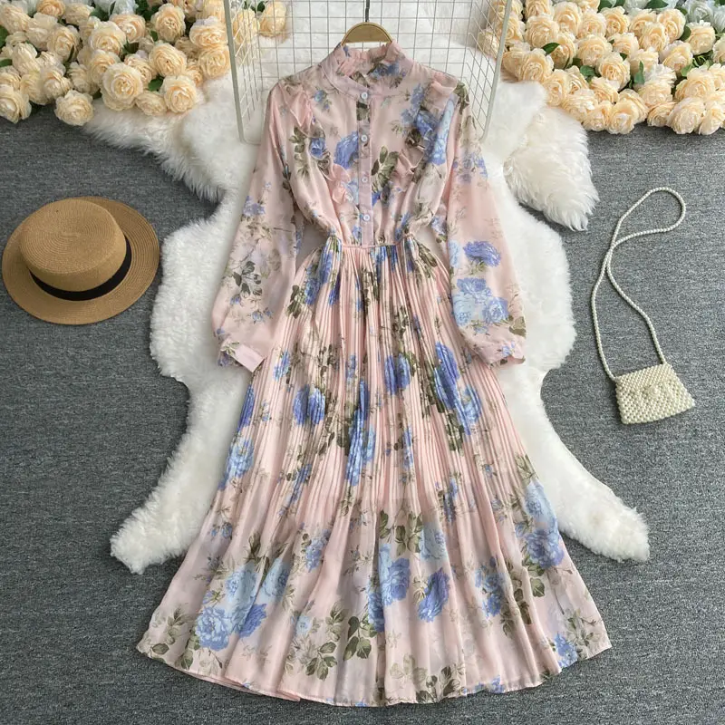 Lace stand collar floral Chiffon dress waist slimming beach holiday pleated full-length dress