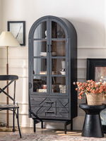 Armoire dôme vintage française avec portes en verre, murale, en bois massif, noire, sur pied, pour salon