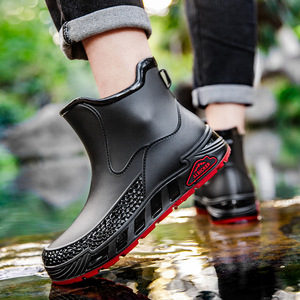 Botas de Lluvia Impermeables para Hombre, Color Negro y Rojo, Antideslizantes, Resistentes al Desgaste, de Caña Corta, Tipo Chelsea - Product Image 1