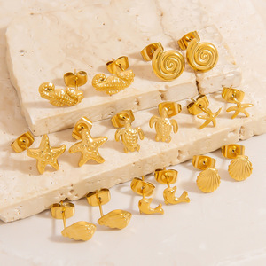 Pendientes de Acero Inoxidable con Diseño de Delfín, Concha Marina y Caballito de Mar, Chapados en Oro de 18k, Joyería de Moda con Temática Oceánica - Product Image 2