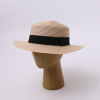 Chapeau de soleil en paille plate pour femme, à large bord, style canotier rétro vintage, pour la plage et les vacances d'été, à bord festonné