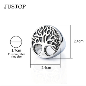Bague pour homme JUSTOP en acier inoxydable, motif arbre, plaqué argent, style punk, bague de cocktail, taille personnalisable, 2,4 cm - Product Image 1