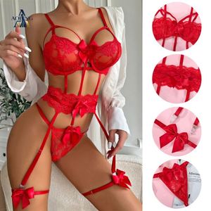 Lingerie Sexy per Adolescenti, Costume da Diavolo Sexy, Set Lingerie <span class=keywords><strong>Trasparente</strong></span> in Pizzo <span class=keywords><strong>Rosso</strong></span> con Fiocco e <span class=keywords><strong>Reggiseno</strong></span> e Perizoma - Product Image 3