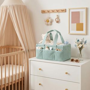 Panier de rangement pour chambre d'enfant en velours côtelé menthe de qualité supérieure avec séparateurs amovibles et poignées, organisateur de couches portable - Product Image 2