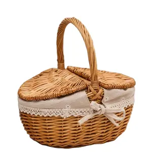 定制彩色绝缘柳条野餐篮，带可折叠木盖，藤制沙滩编织圆形野餐冷却器篮