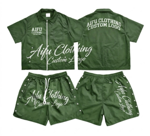 Completo da <span class=keywords><strong>Uomo</strong></span> Personalizzato con Logo, Due Pezzi in Raso, <span class=keywords><strong>Tuta</strong></span> Estiva con Stampa Serigrafica, Maglietta a Maniche Corte con Cerniera e Pantaloncini Cargo ad Asciugatura Rapida - Product Image 2