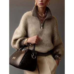 Suéter de Cachemira Casual de Invierno para Mujer, Cuello Medio con Cierre, Corte Holgado, Color Caqui - Product Image 2