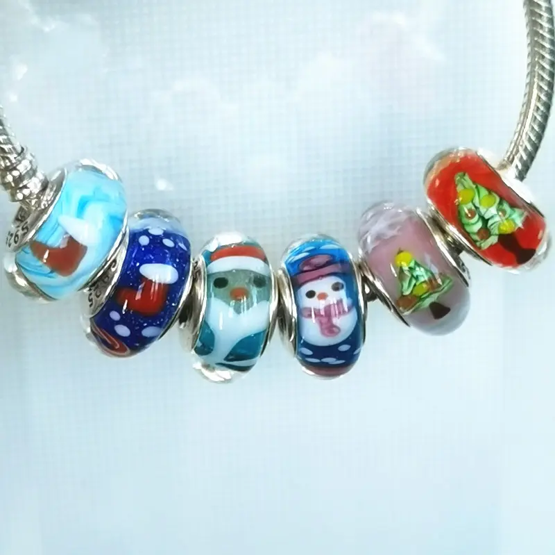 925 Sterling Silver Loose Round Cây Giáng Sinh Murano Glass Bead Để Làm Đồ Trang Sức