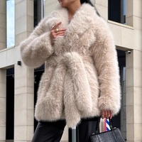 Manteau mi-long en fausse fourrure de renard avec ceinture, veste élégante en peluche à revers crantés pour femme, vêtement d'extérieur épais en fausse fourrure pour l'hiver