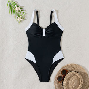 Maillot de bain une pièce sexy à découpe haute, design patchwork, col en V, personnalisé en gros pour femmes - Product Image 6