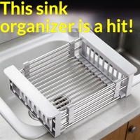 Étagère de rangement télescopique et escamotable en acier inoxydable pour cuisine, avec égouttoir et organisateur de couverts, design moderne et minimaliste