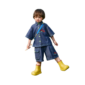 Ensemble de vêtements d'été en denim bleu à col pour bébés garçons, 2 pièces, avec boutons et broderies colorés, anti-boulochage - Product Image 1