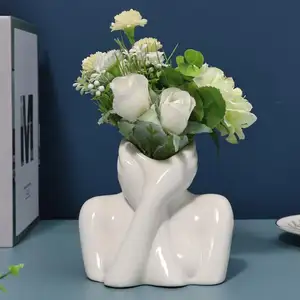 Weiße Keramik weibliches Gesicht geformte Blume Vase Halbkörper Büste feministische Dame Skulptur Kunstwerk modern nordisch dekorativ