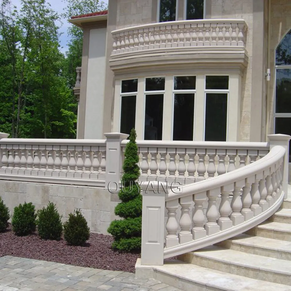 QUYANG Modern tasarım açık Villa lüks beyaz mermer korkuluk merdiven korkulukları doğal taş balkon korkuluğu