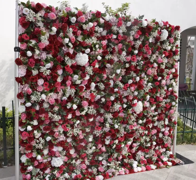 qq66 Artificial Flower Wall Decorative Background 3D Roll Up Silk Ired Rose Flowers Wall Cloth Flower Wall