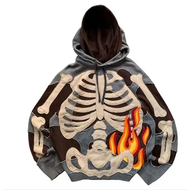 Tùy chỉnh cổ điển đau khổ vá thêu đính yếu tố cần thiết hoodie Rip cắt và may thô HEM cắt áo của nam giới