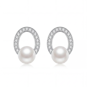 <b>Copper</b> Oval <b>Frame</b> Shell Pearl Stud Earrings with CZ Elegant Daily Wear Jewelry for Women - Product Image 1