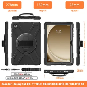 Shockproof Rugged Silicone Tablet Case For Samsung Galaxy Tab A9 Plus 11 Inch SM-X210 X215 Rotating Stand Shoulder Strap Cover