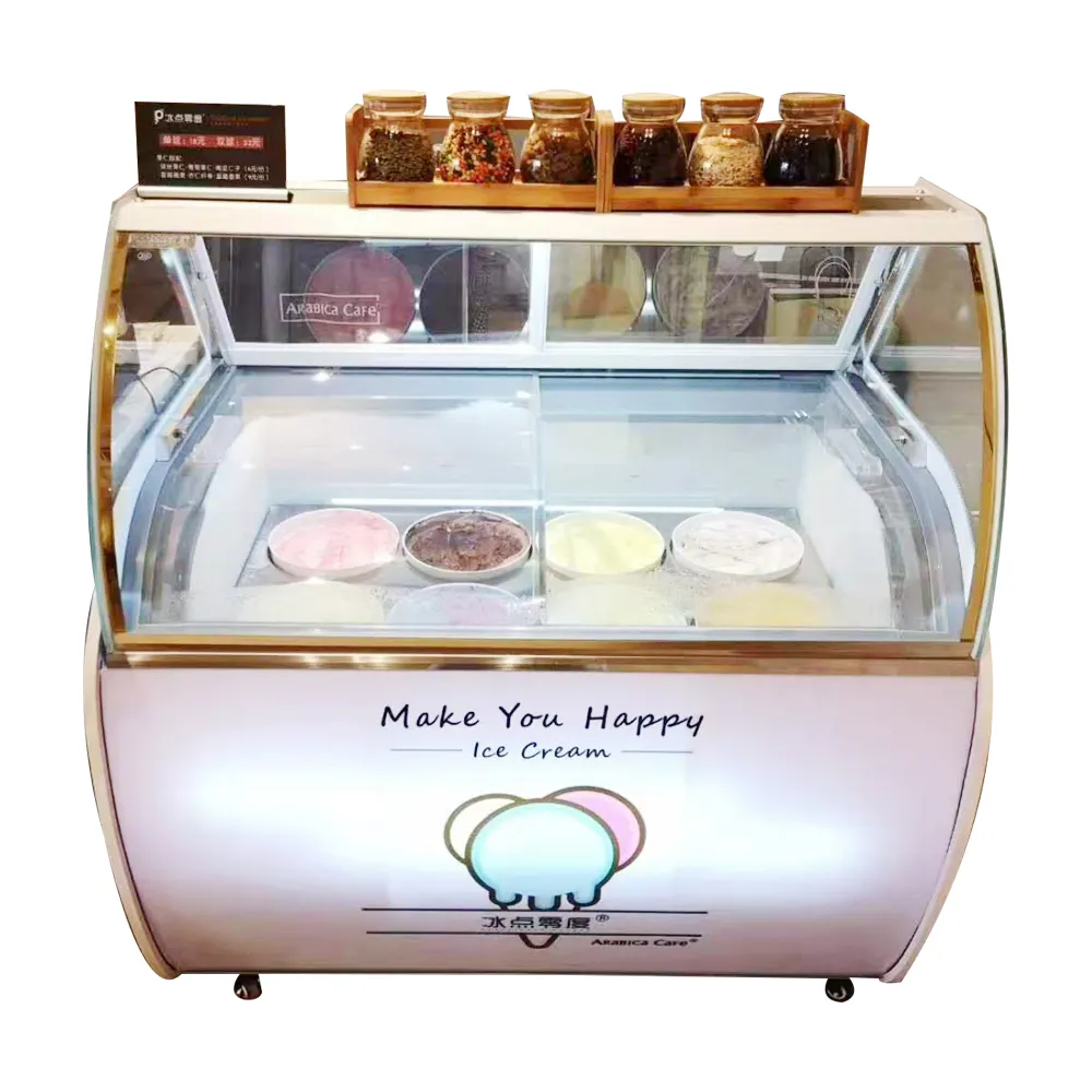 市販透明ガラスアイスクリームディスプレイ冷凍庫トッピングオープン冷凍庫アイスクリーム用