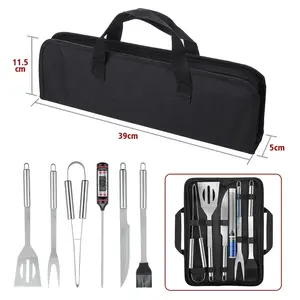 Conjunto de ferramentas de acampamento, 9 peças, aço inoxidável, piquenique, churrasco, bolsa de transporte, kit de acessórios de ferramenta de churrasqueira