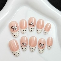 Y177 Kaixin OEM – Kit de faux ongles courts en amande réutilisables, style français à pois et nœuds, en ABS, 10 pièces, finition vernie brillante